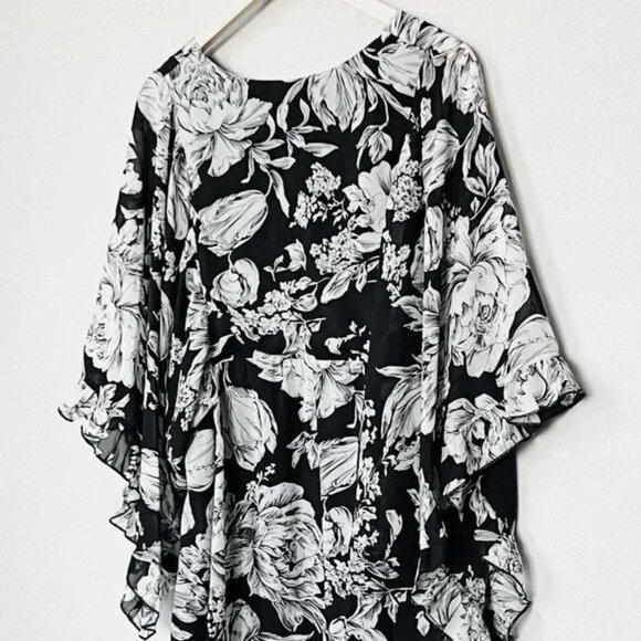 MINKPINK Women's Black Floral V Neck Flutter Kimono Ruffle Sleeves Mini Dress 10 - Picture 13 of 14